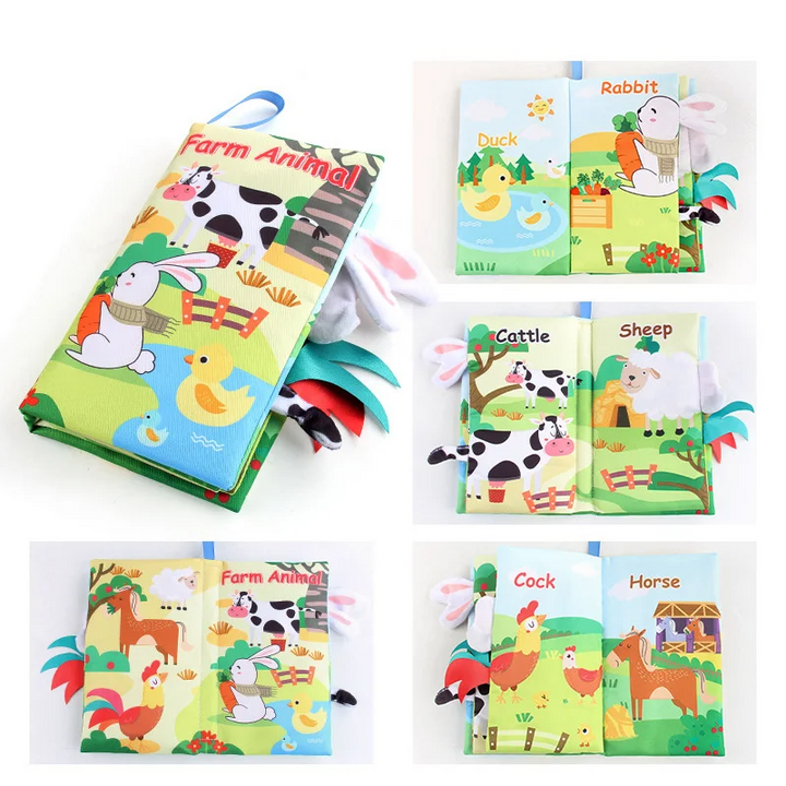 Farm animal fabric book with a cow cover, fabric tabs, and duck, rabbit, sheep, and horse illustrations.