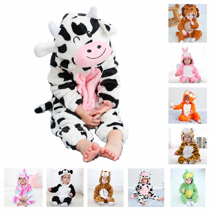 Baby in a hooded cow onesie with a pink belly panel, alongside other animal styles