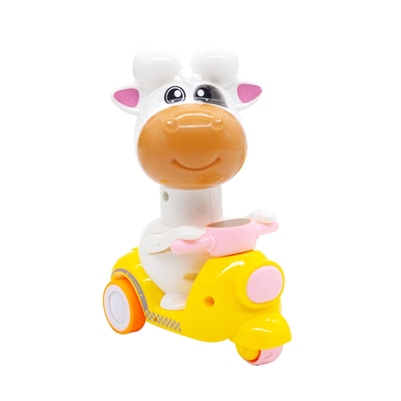Cow motorcycle toy with a yellow body, pink accents, and orange-rimmed rear wheels