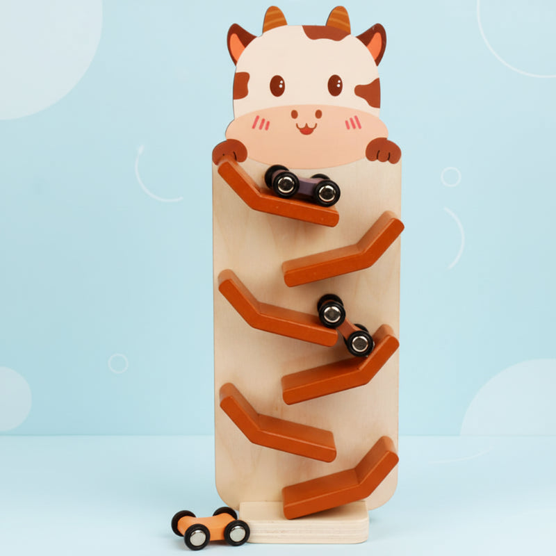 Cow wooden car ramp with six orange zigzag levels and three toy cars