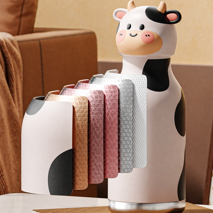 Cutaway illustration of a cow thermos bottle showing layers of its insulated body