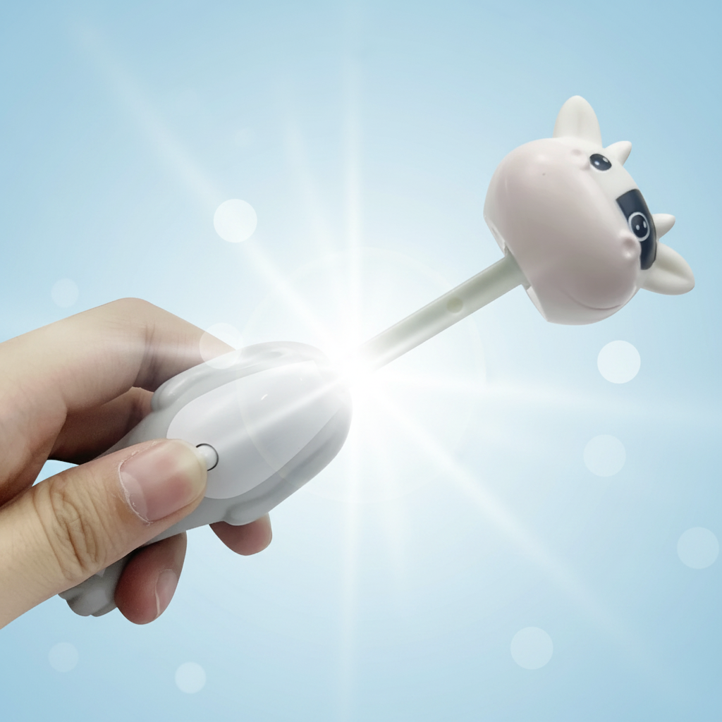 Hand holding a white cow toothbrush with its stem extended and character cover attached