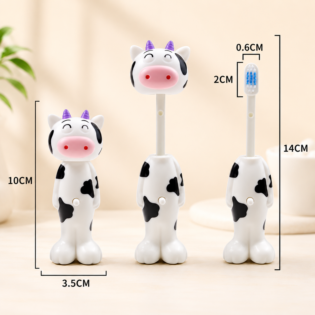 Cow toothbrush measurement chart showing retracted and extended heights, width and brush head size