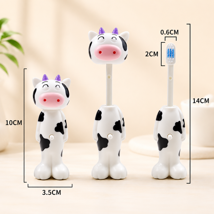 Cow toothbrush measurement chart showing retracted and extended heights, width and brush head size