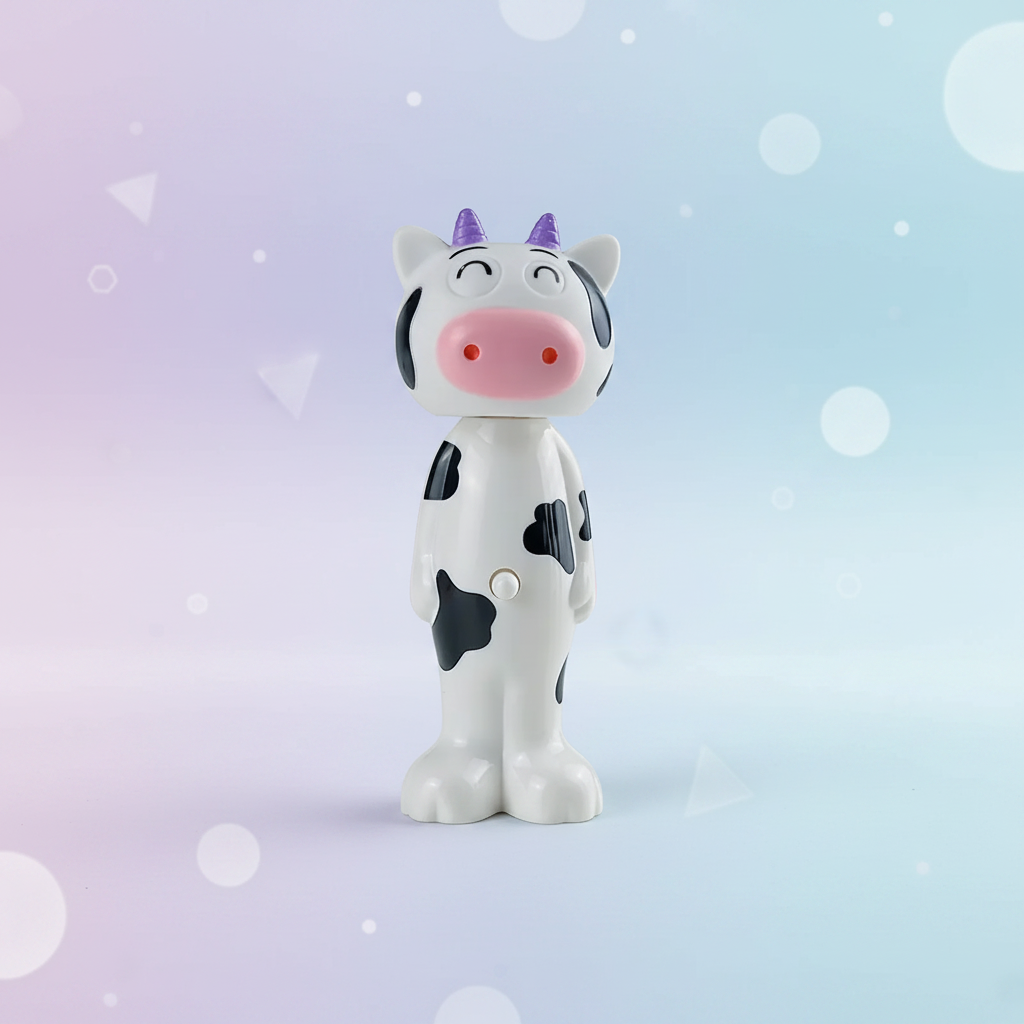 White cow-shaped toothbrush with black spots and its stem retracted