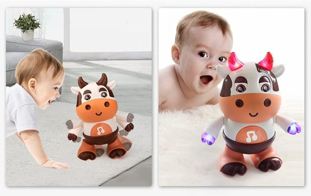 Two views of a child looking at a cow toy, including its illuminated horns and hands