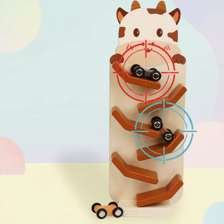 Cow wooden car ramp with colored circles highlighting cars on two track levels
