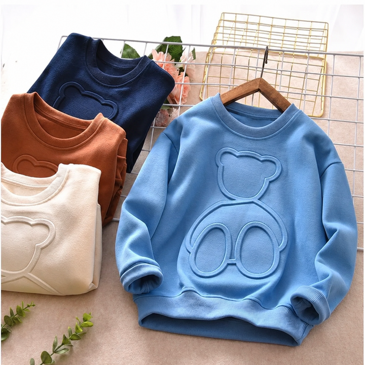 Blue 3D bear sweatshirt displayed with navy blue, apricot and brown color options