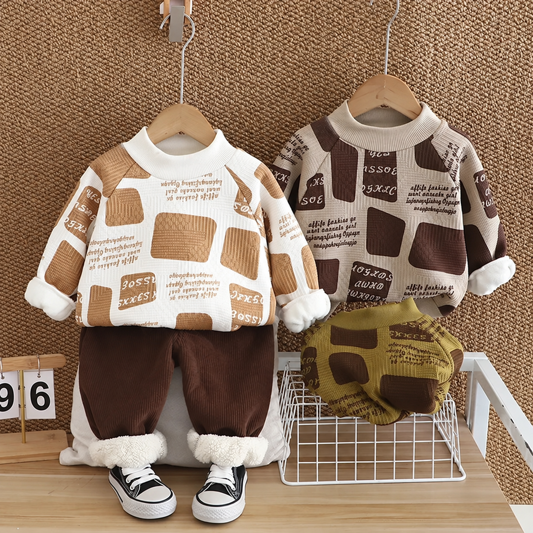 White block-patterned sweater and brown pants beside khaki and green sweater options