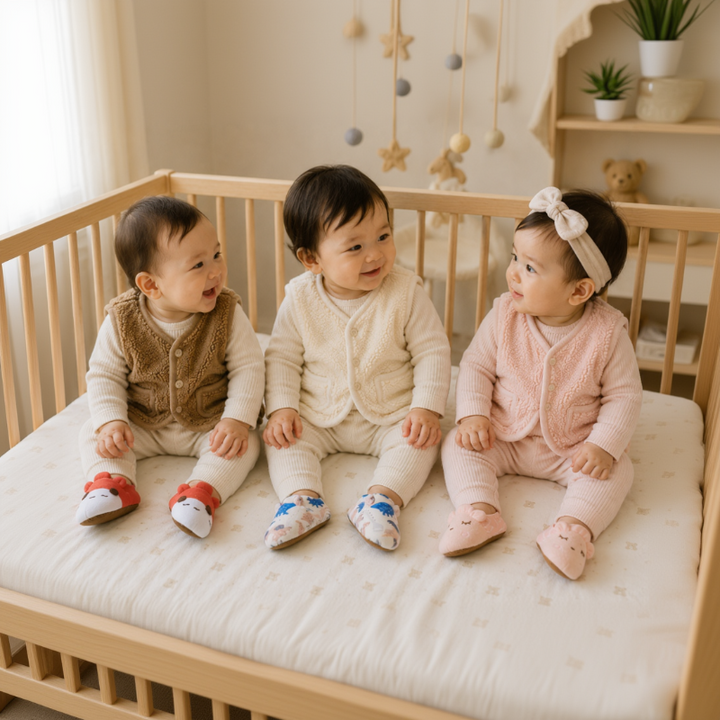Three babies wearing animal-face and dinosaur-print baby shoes while sitting together.