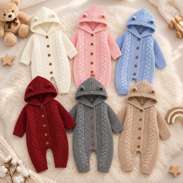 Six hooded cable-knit baby jumpsuits in white, pink, blue, red, gray, and brown