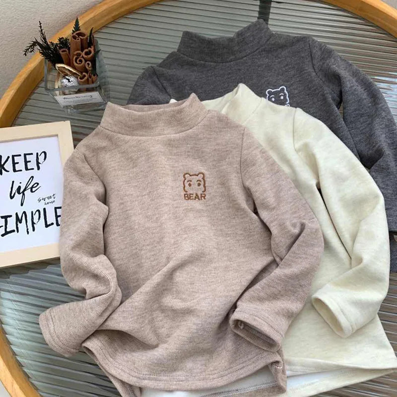 Khaki, beige and dark gray long-sleeve fleece shirts with high necks and small bear motifs