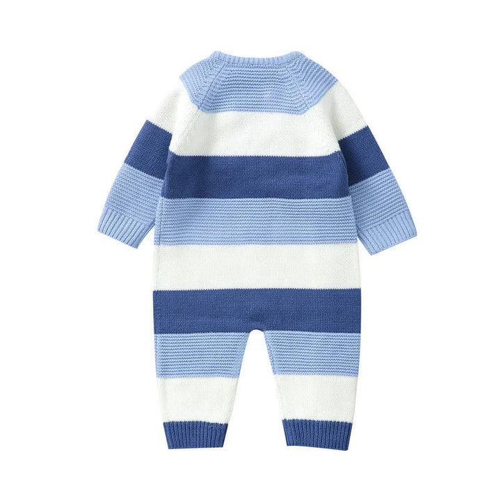 Back of blue and white striped knit baby romper with long sleeves and ribbed cuffs