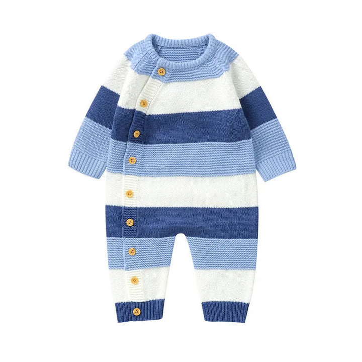 Front of blue and white striped knit baby romper with button fastening and ribbed cuffs