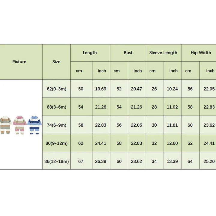 Baby romper size chart for sizes 62-86 with age, length, chest, sleeve length and hip measurements