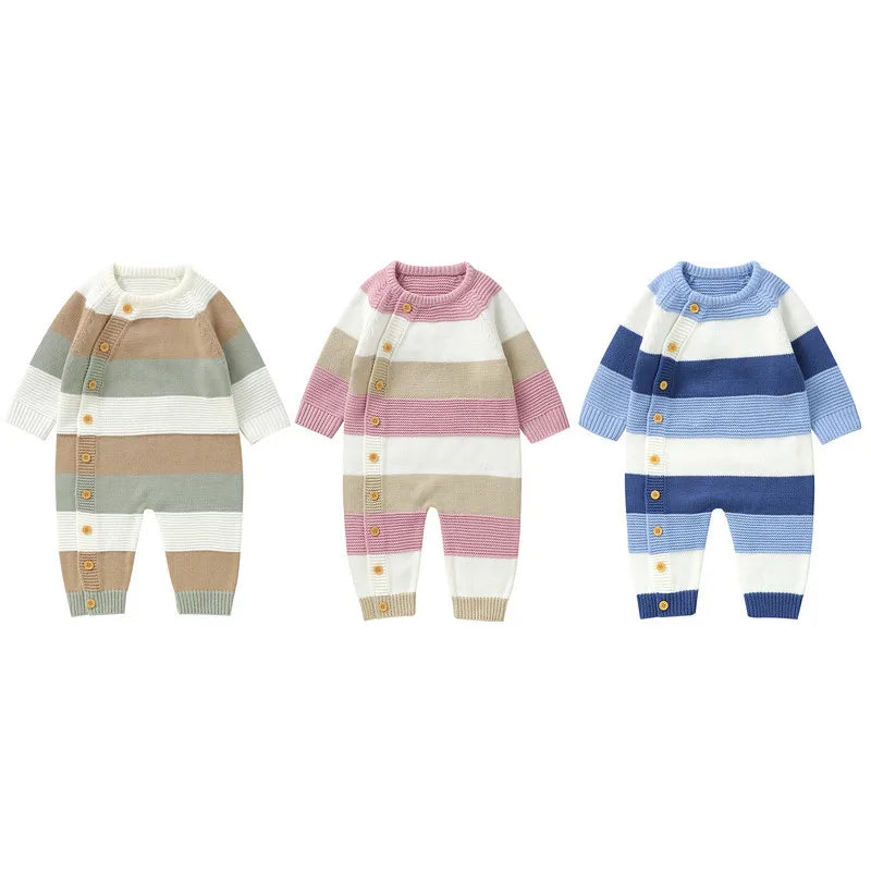 Green, pink and blue striped knit baby rompers with long sleeves and button closures