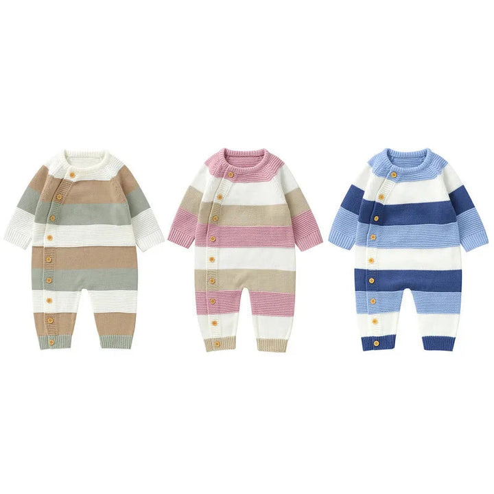 Green, pink and blue striped knit baby rompers with long sleeves and button closures