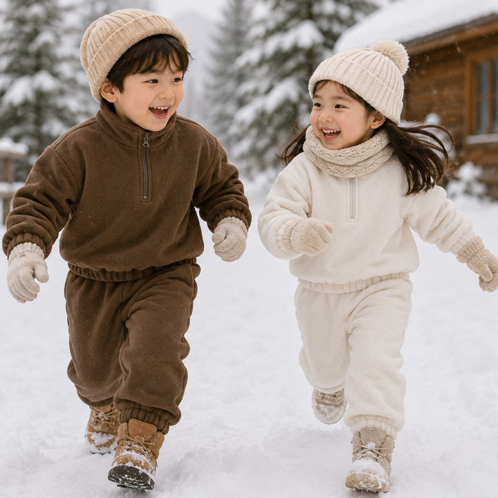 Two children wearing brown and white quarter-zip tracksuit sets outdoors in the snow
