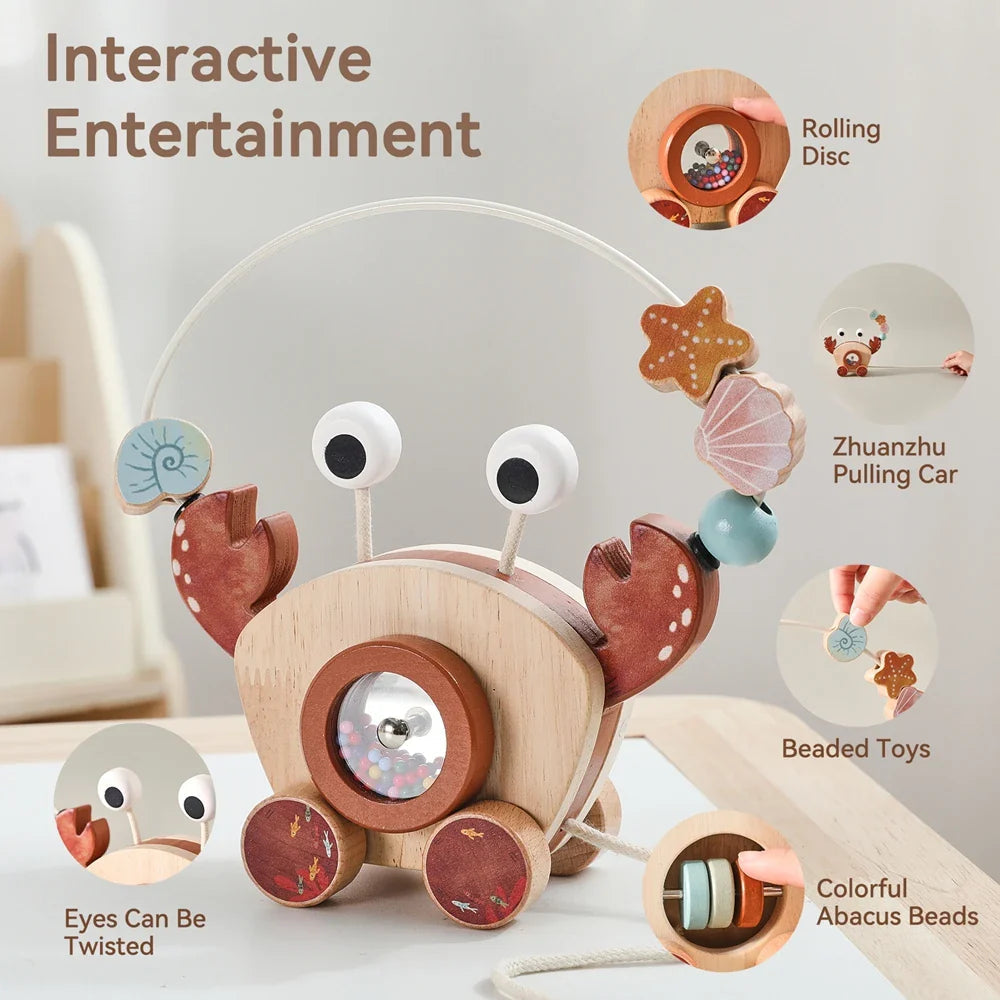 Crab activity toy showing movable eyes, a rolling center disc, and sea-themed beads