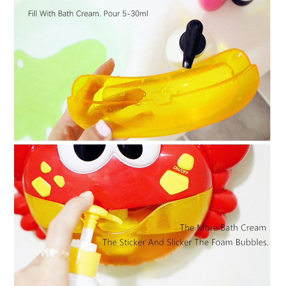 Filling the crab bath toy's yellow reservoir with bath foam