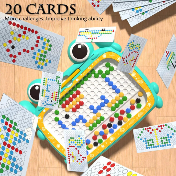 Green crab drawing board surrounded by colorful pattern reference cards