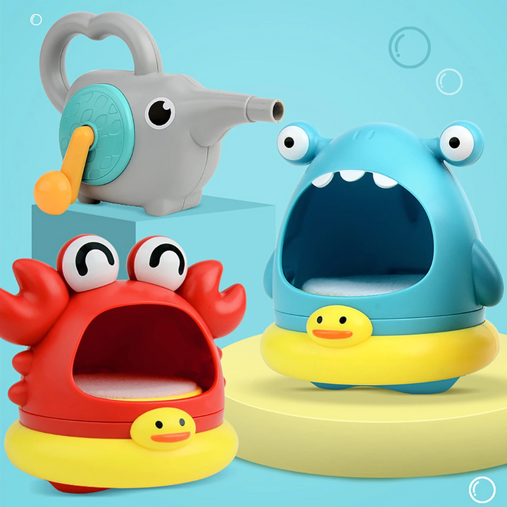 Red crab and blue monster bubble bath toys beside an elephant-shaped hand-crank blower