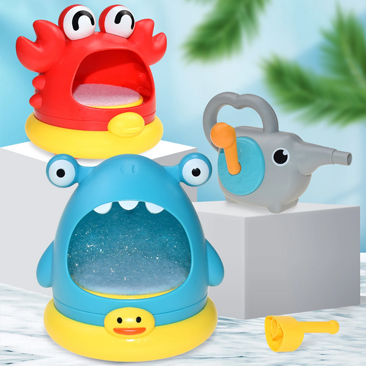 Red crab and blue monster bath toys with an elephant-shaped blower and yellow blowing tube
