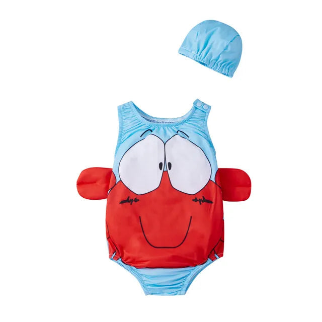 Light blue crab one-piece swimsuit with a red character front and matching cap