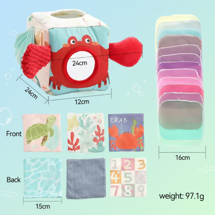 Crab sensory cube with fabric scarves, illustrated panels, and size measurements
