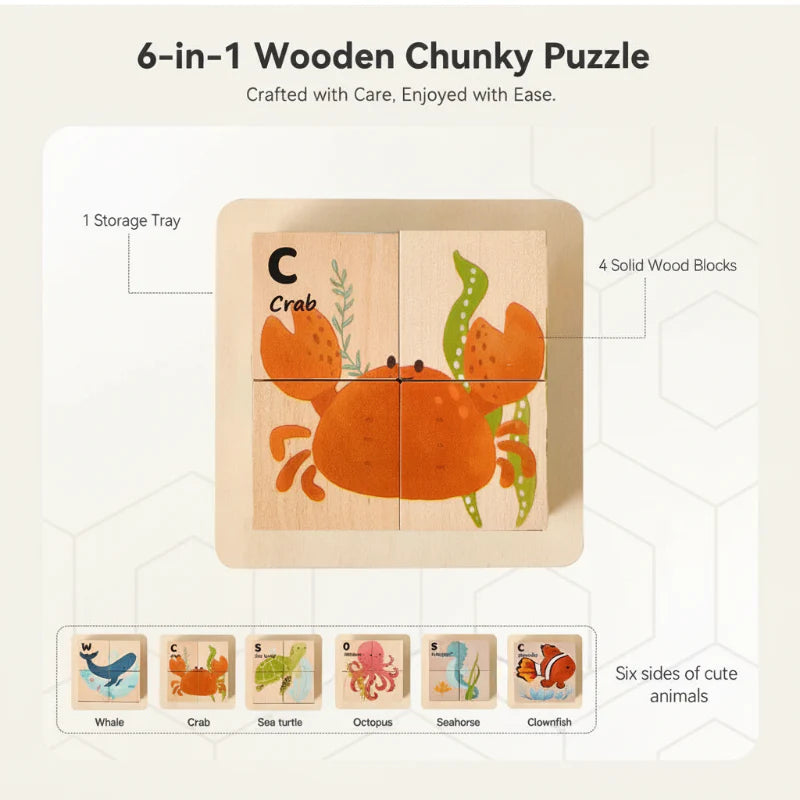 Crab wooden block puzzle with a tray, four cubes, and six ocean animal designs shown