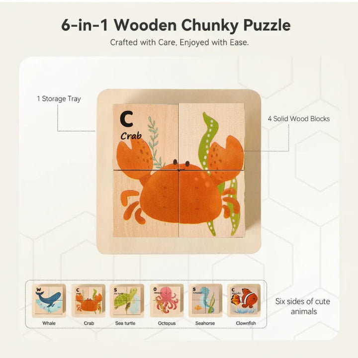 Crab wooden block puzzle with a tray, four cubes, and six ocean animal designs shown