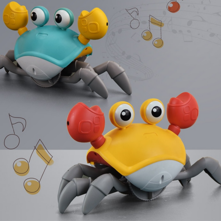 Blue and orange crab toys pictured with musical-note graphics