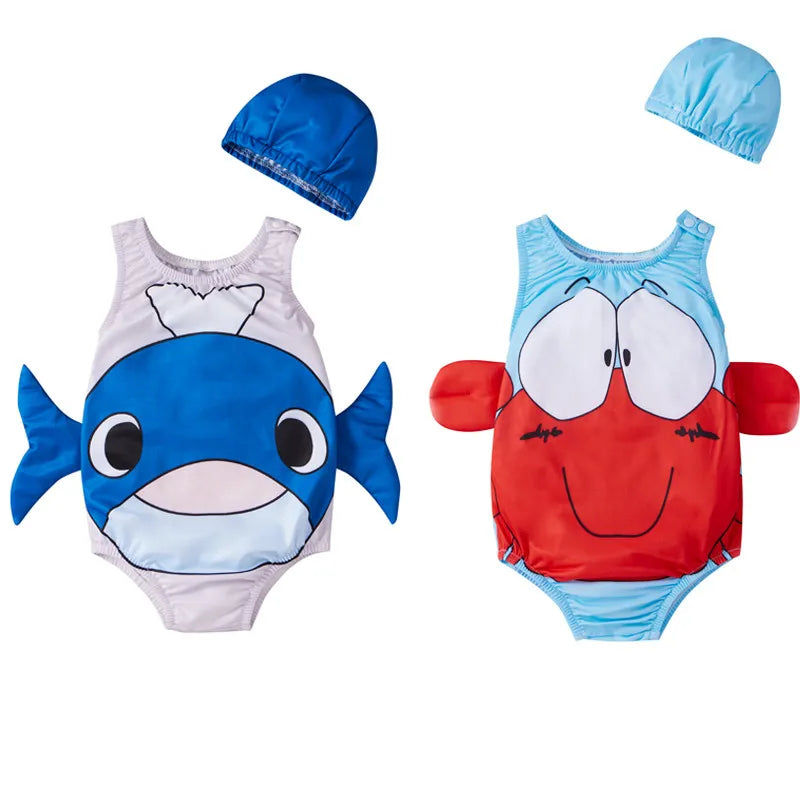 Crab and whale one-piece swimsuits with coordinating light blue and dark blue swim caps