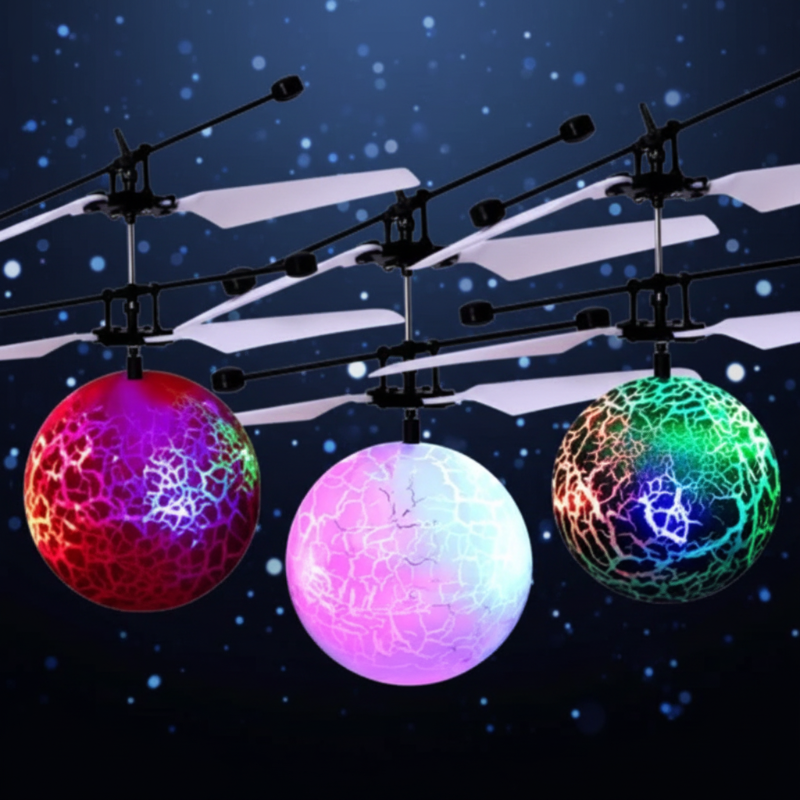 Three LED flying balls with colorful crackle-pattern bodies and white rotor blades