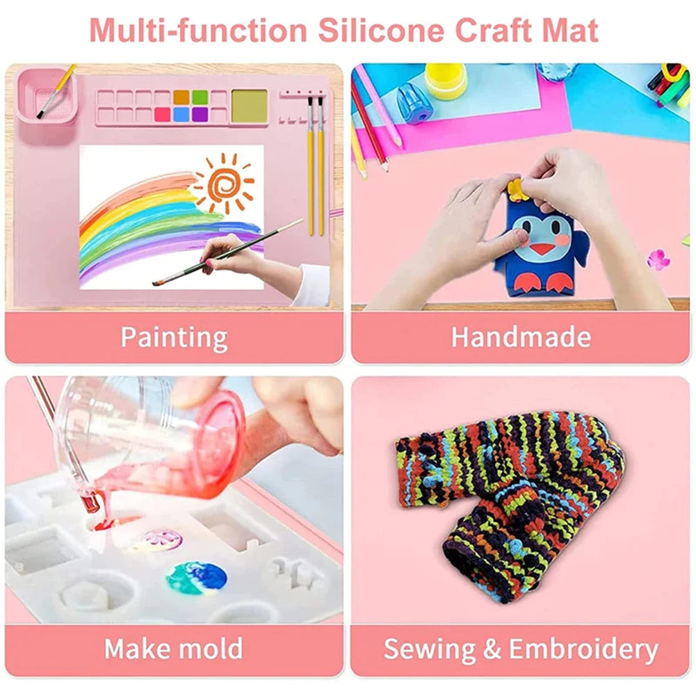 Silicone craft mat shown with painting, handcrafting, mold-making, and sewing projects.