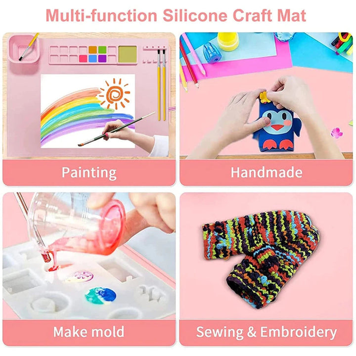 Silicone craft mat shown with painting, handcrafting, mold-making, and sewing projects.