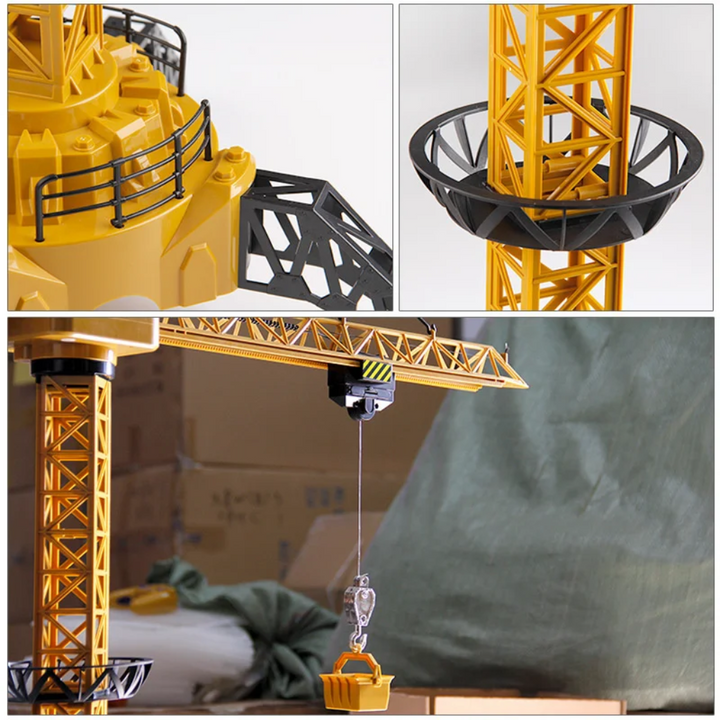 Close-up views of the crane base, circular tower brace and hook carrying a yellow bucket.