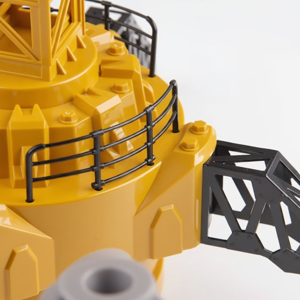 Close-up of the yellow crane base with black railings and support feet.