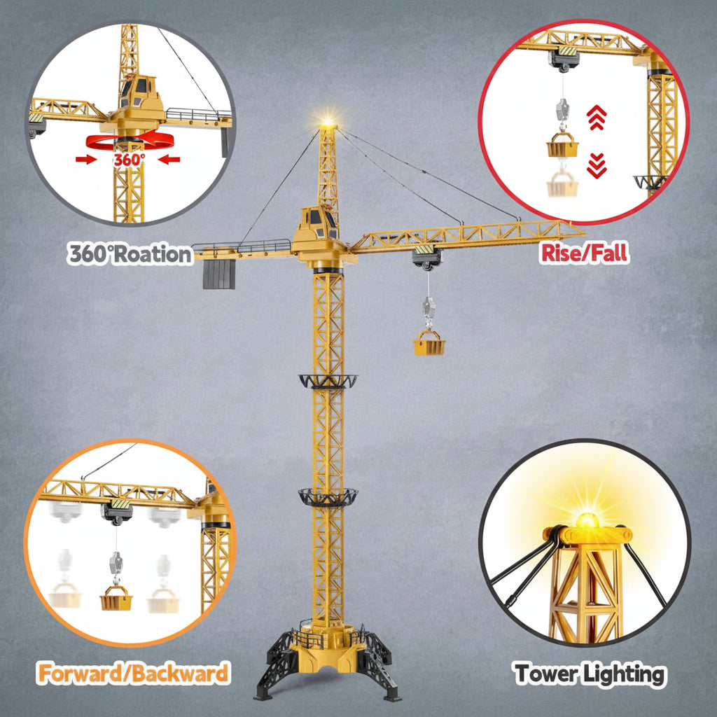 Tower crane diagram showing arm rotation, hook lifting, trolley movement and mast lighting.