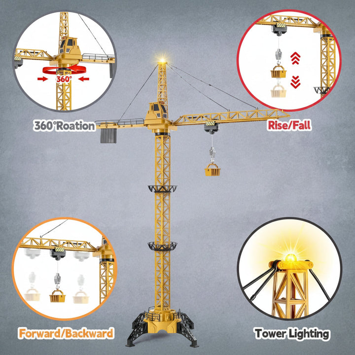 Tower crane diagram showing arm rotation, hook lifting, trolley movement and mast lighting.