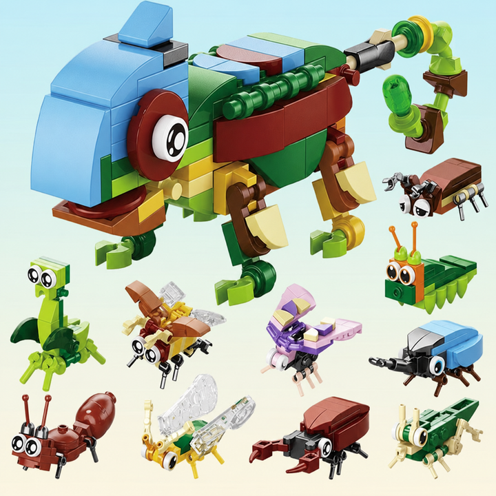 Multicolored insect block model with smaller ants, beetles, and other crawling creatures