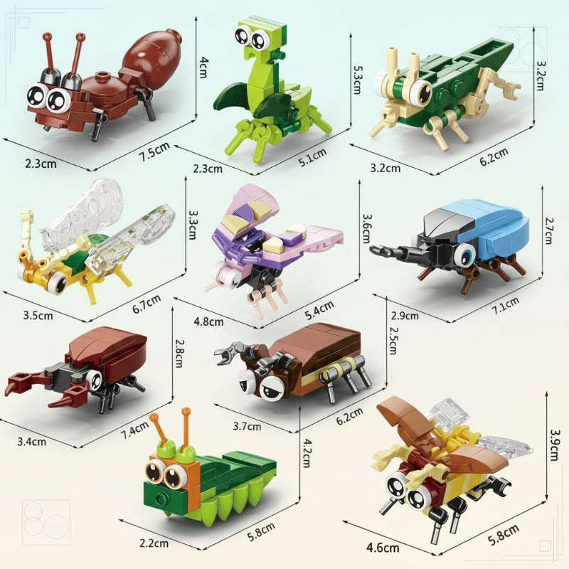 Insect building models with individual height, width, and length measurements in centimeters