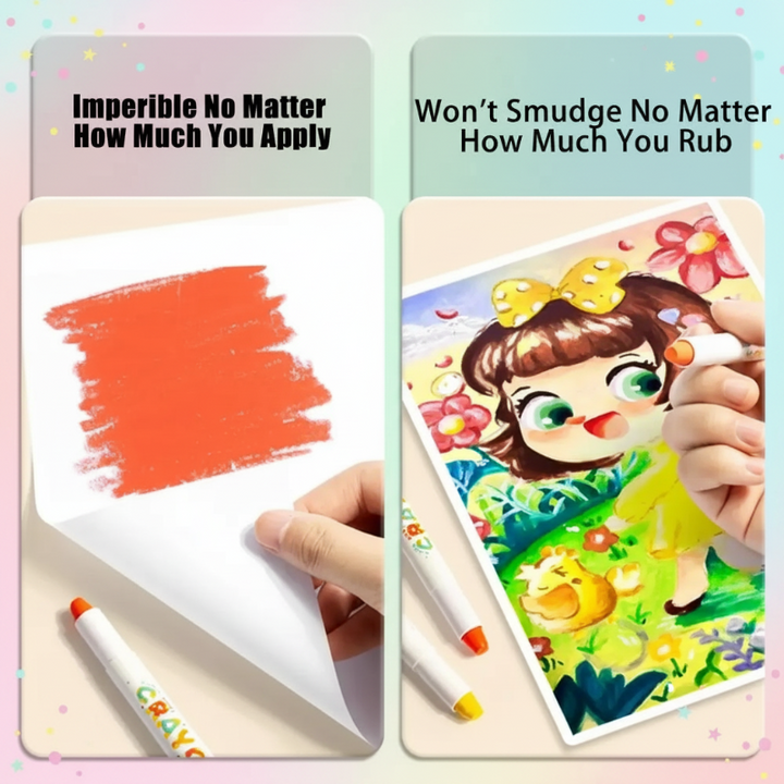 Orange crayon swatch and a hand rubbing a colorful drawing