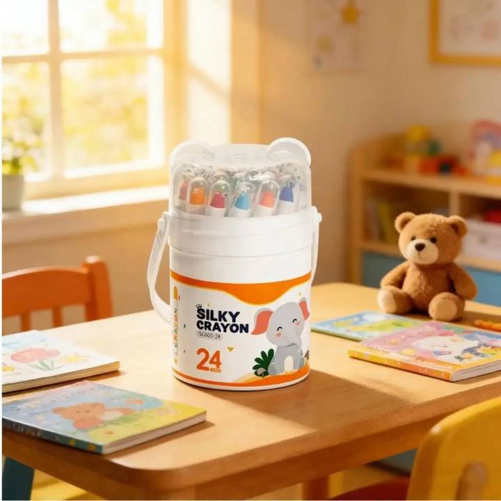 Handled 24-color crayon case on a table with drawings and a teddy bear