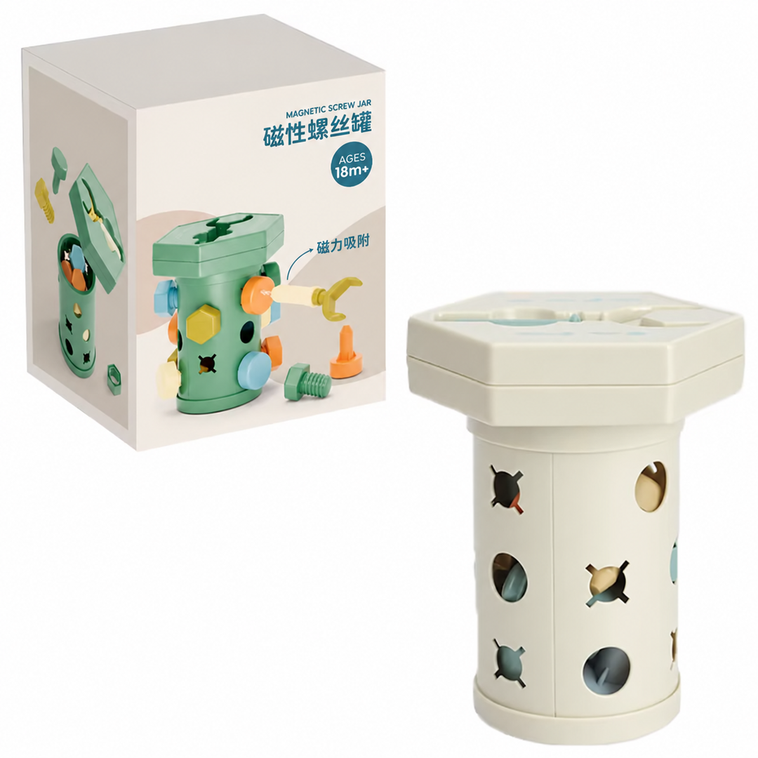 Cream-colored activity cylinder beside its printed retail box.