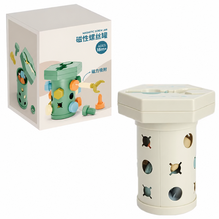 Cream-colored activity cylinder beside its printed retail box.