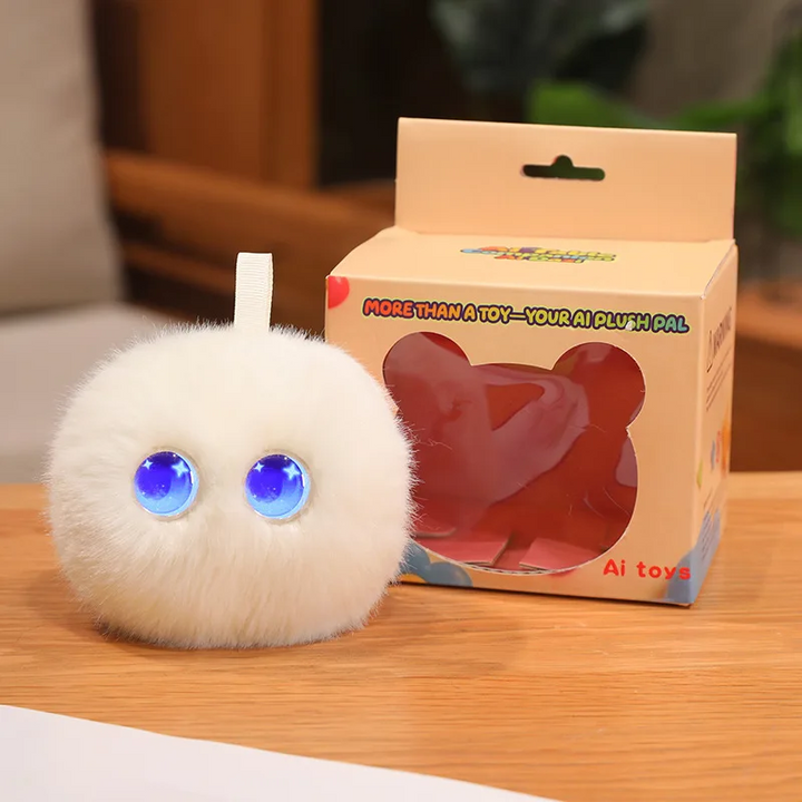 Cream-colored AI plush toy with blue eyes beside its retail box