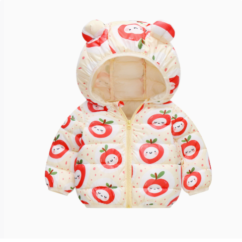 Cream apple-print puffer jacket with rounded hood ears and a pale yellow zipper
