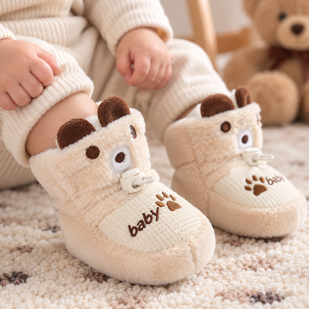 Baby wearing cream plush boots with brown bear ears, embroidered faces and paw-print details