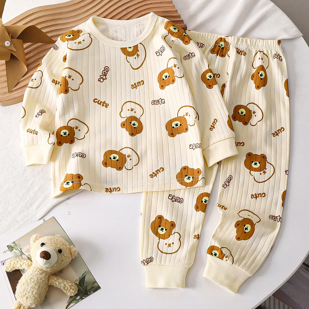 Cream bear-print pajama set with a round-neck top and elastic-waist pants